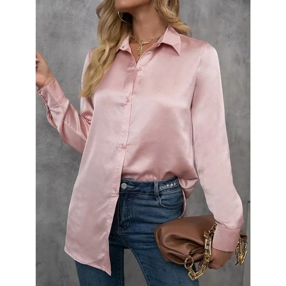 Minimalist Button Down Collared Long Sleeve Satin Blouse - baby pastel pink - Picture 1 of 4
